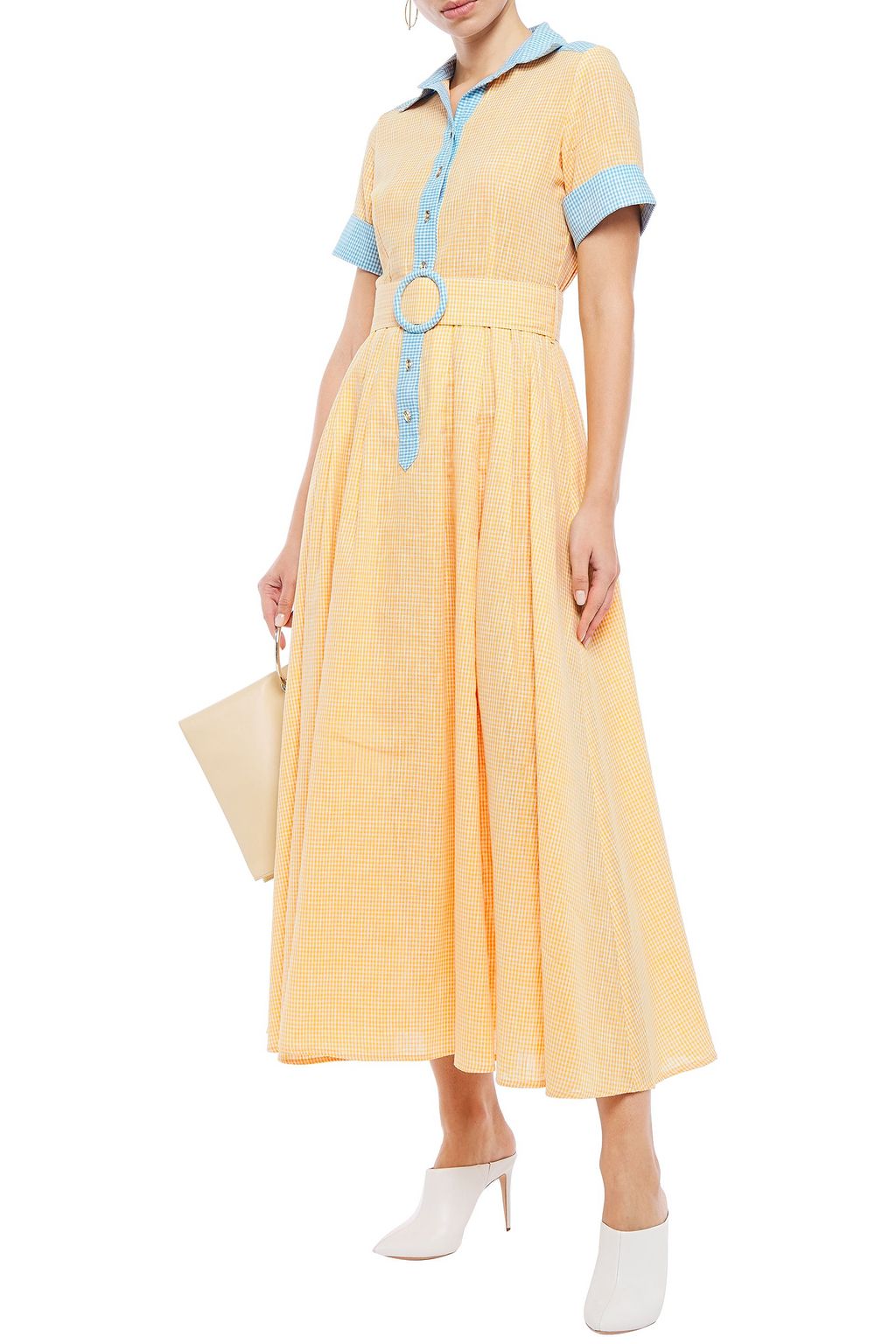 GÜL HÜRGEL Belted gingham cotton and linen-blend maxi shirt dress