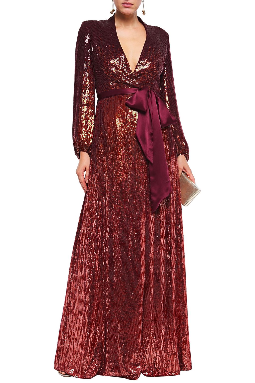 JENNY PACKHAM 새틴 트리밍 데그라데 시퀸 장식 실크 시폰 랩 가운