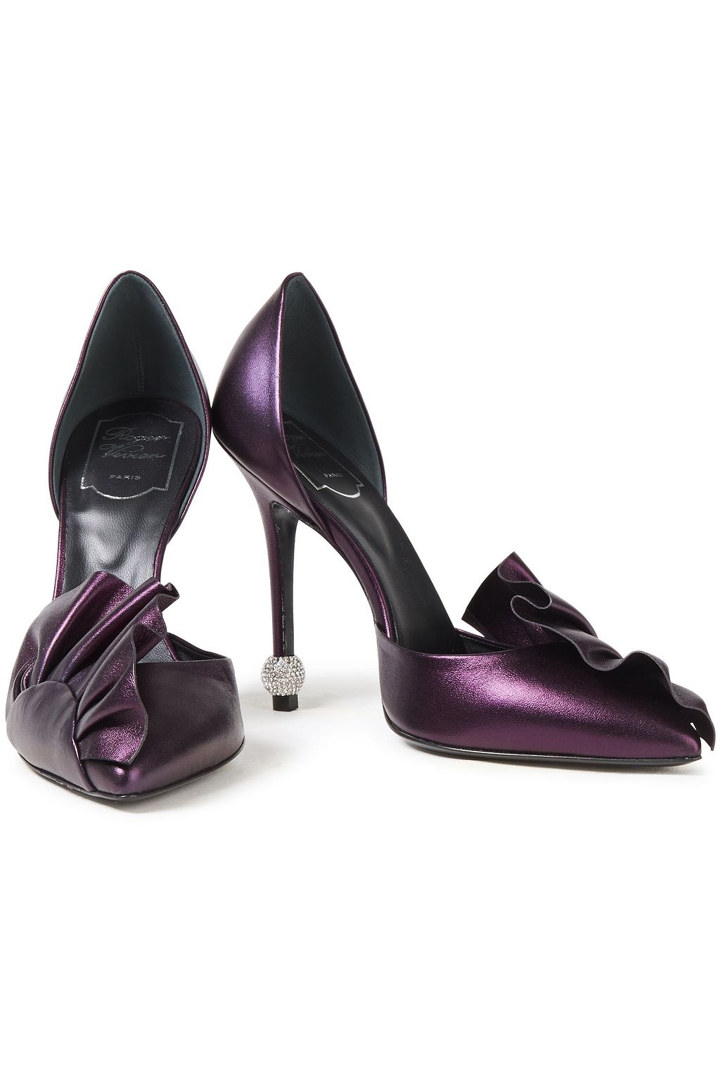 ROGER VIVIER حذاء بمب من الجلد اللامع المزين بالكريستال وبالكشكش
