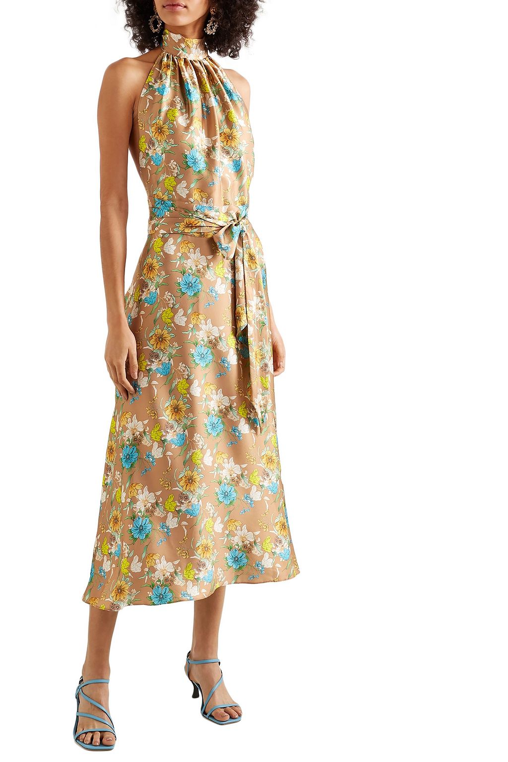 HARMUR Belted floral-print silk-satin halterneck midi dress