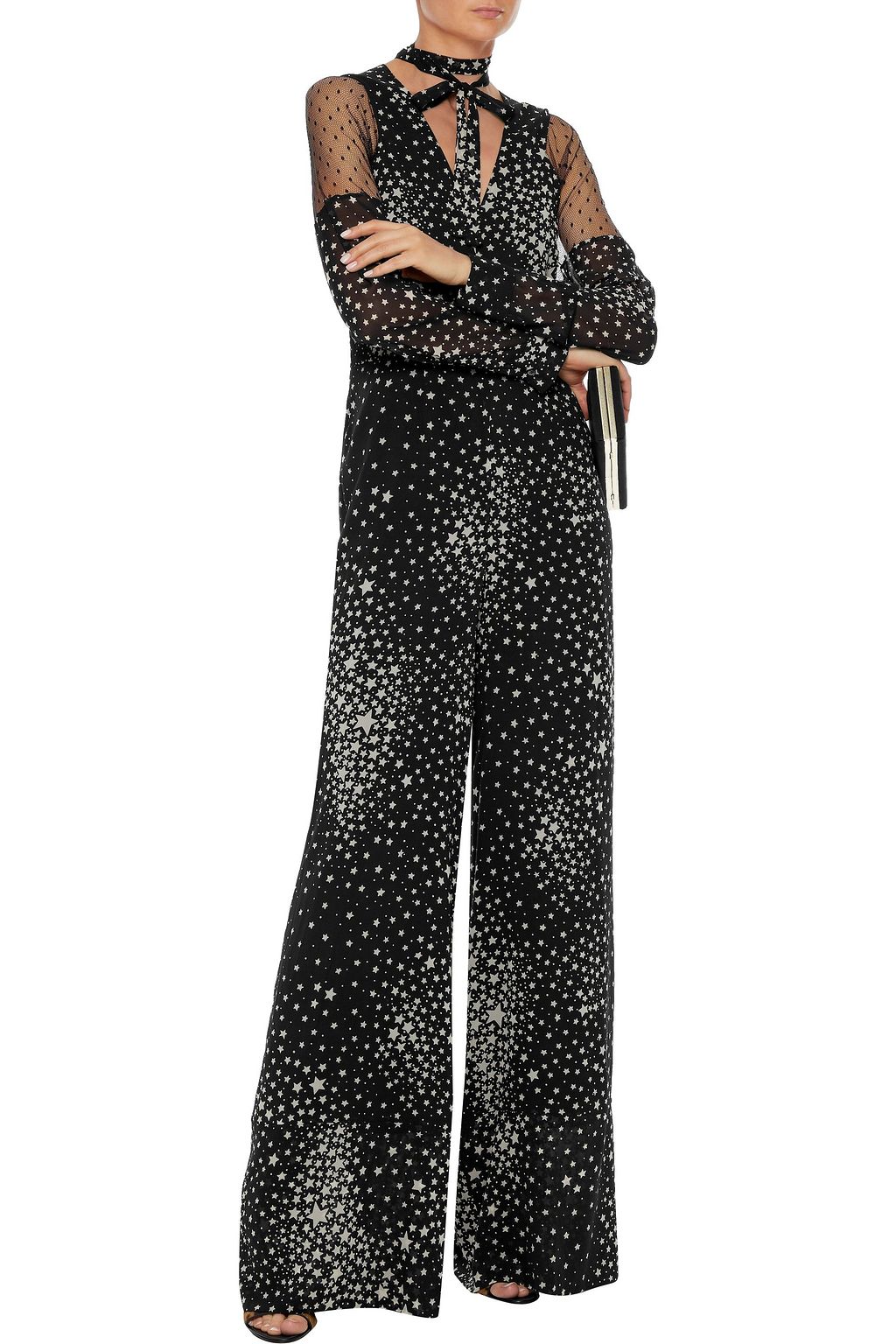 REDVALENTINO Pussy-bow point d'esprit-paneled printed silk-blend chiffon jumpsuit