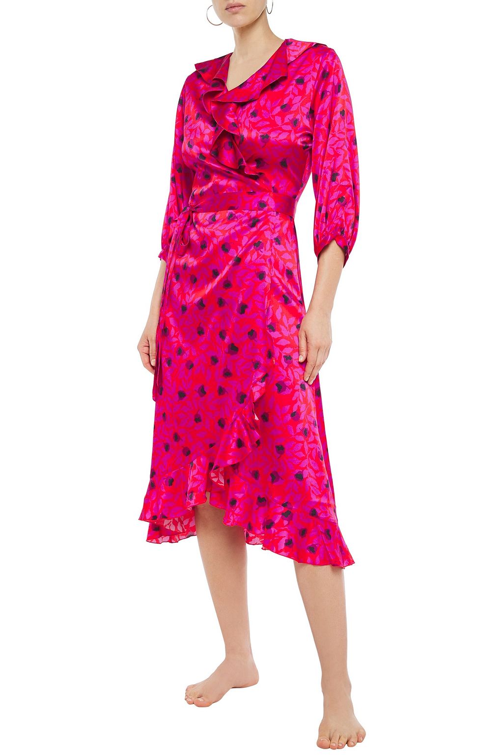 YOLKE Ruffled floral-print stretch-silk satin robe