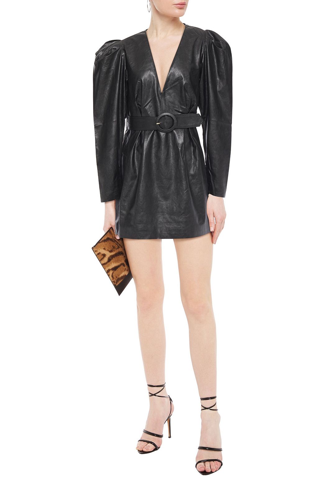 RONNY KOBO Gathered belted faux leather mini dress