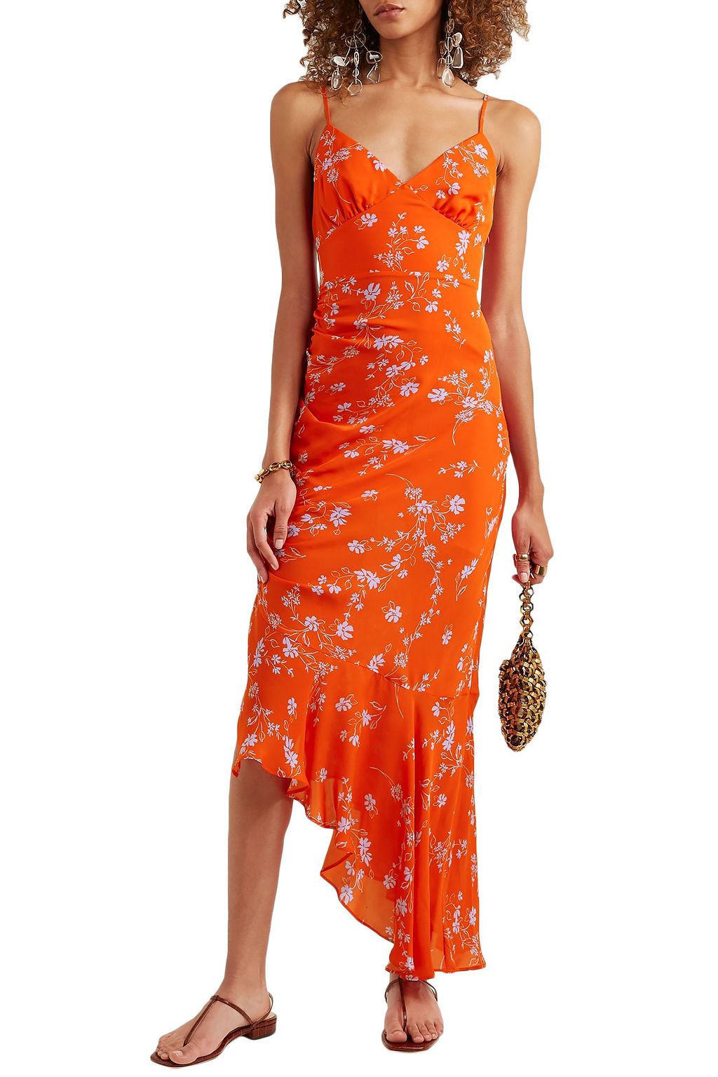 NICHOLAS Asymmetric ruched printed silk-chiffon midi slip dress