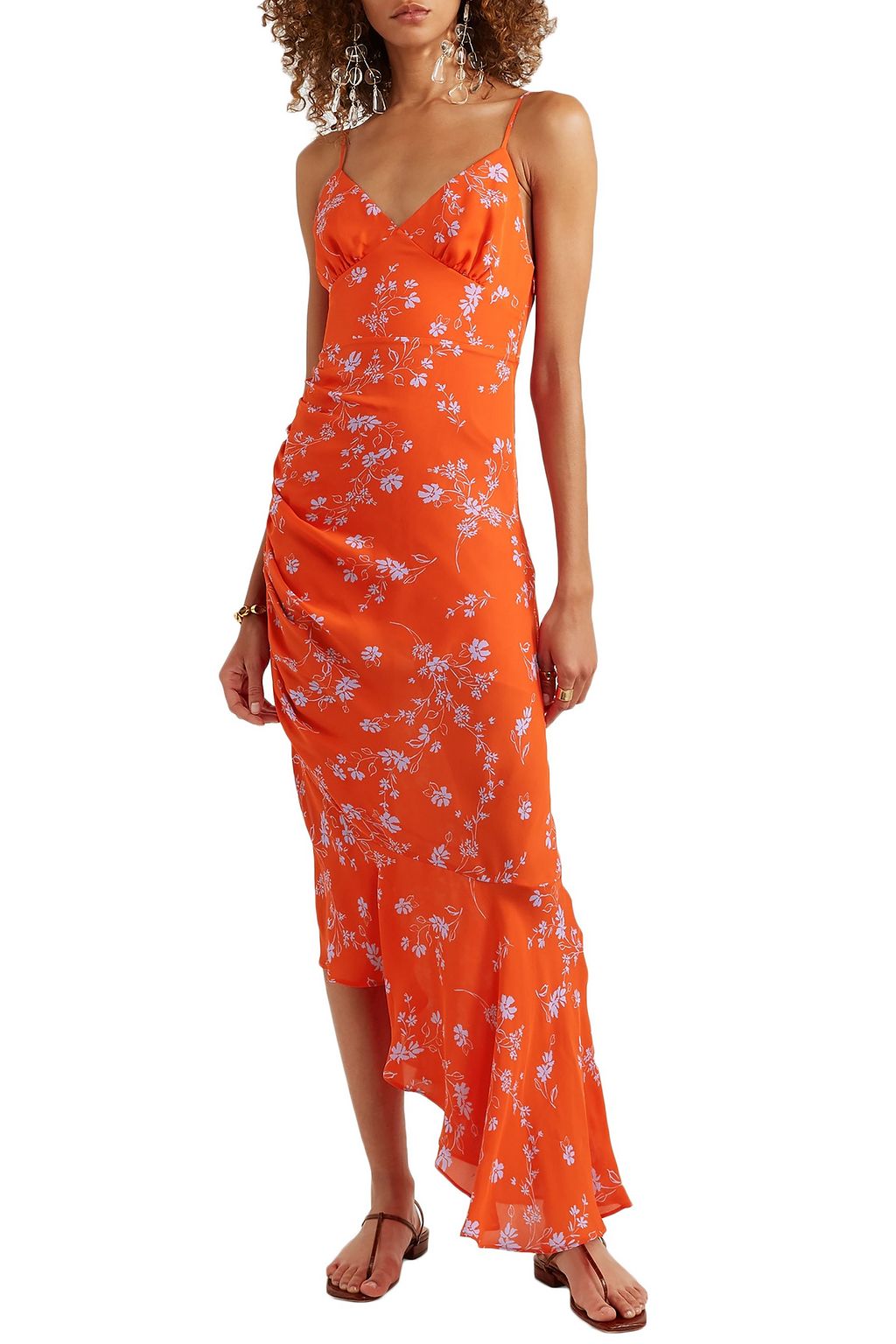 NICHOLAS Asymmetric ruched printed silk-chiffon midi slip dress