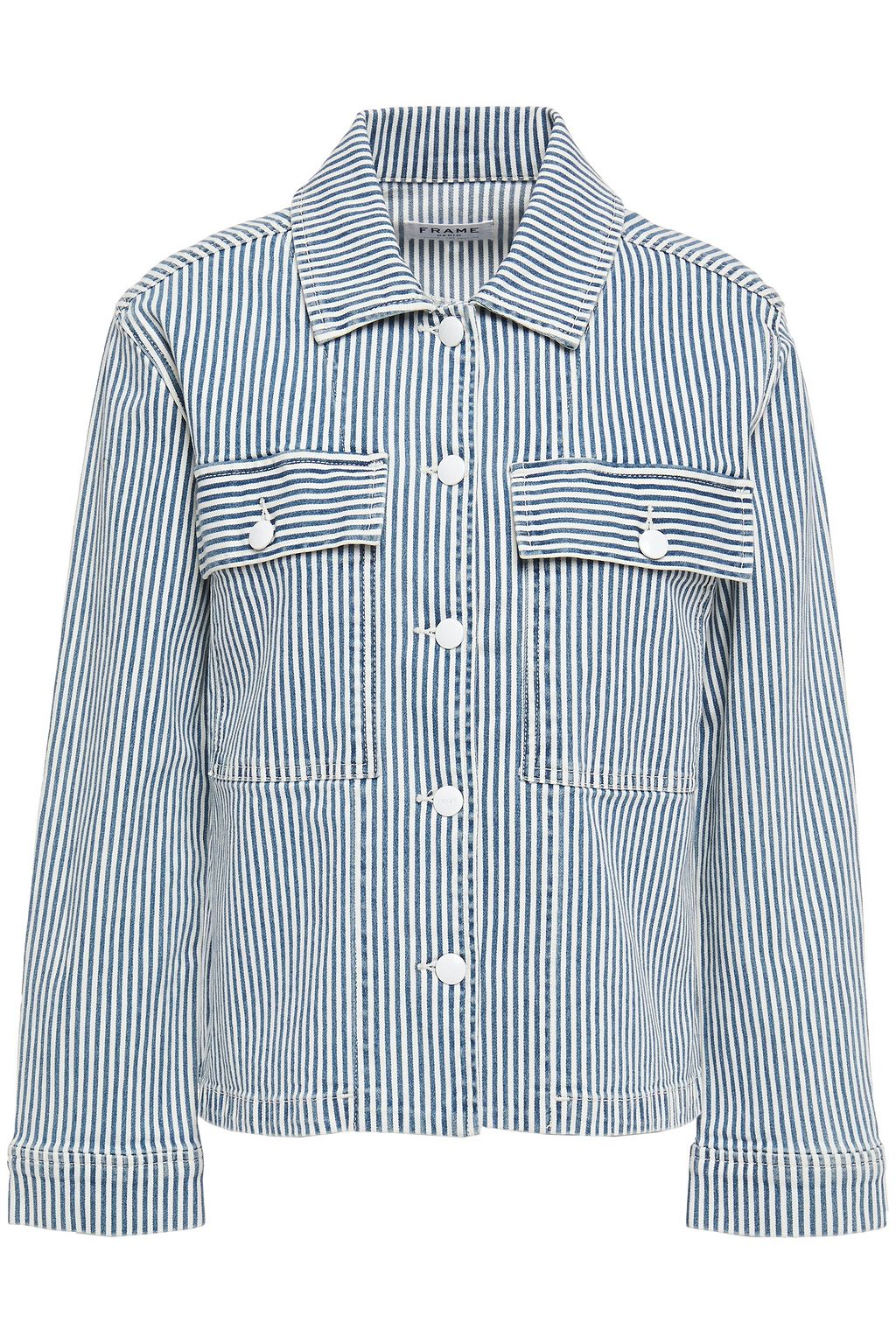 blue and white striped denim jacket