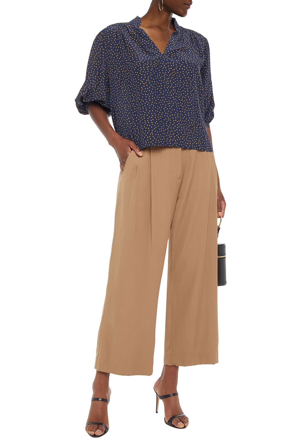 FRAME Gathered polka-dot washed-silk blouse