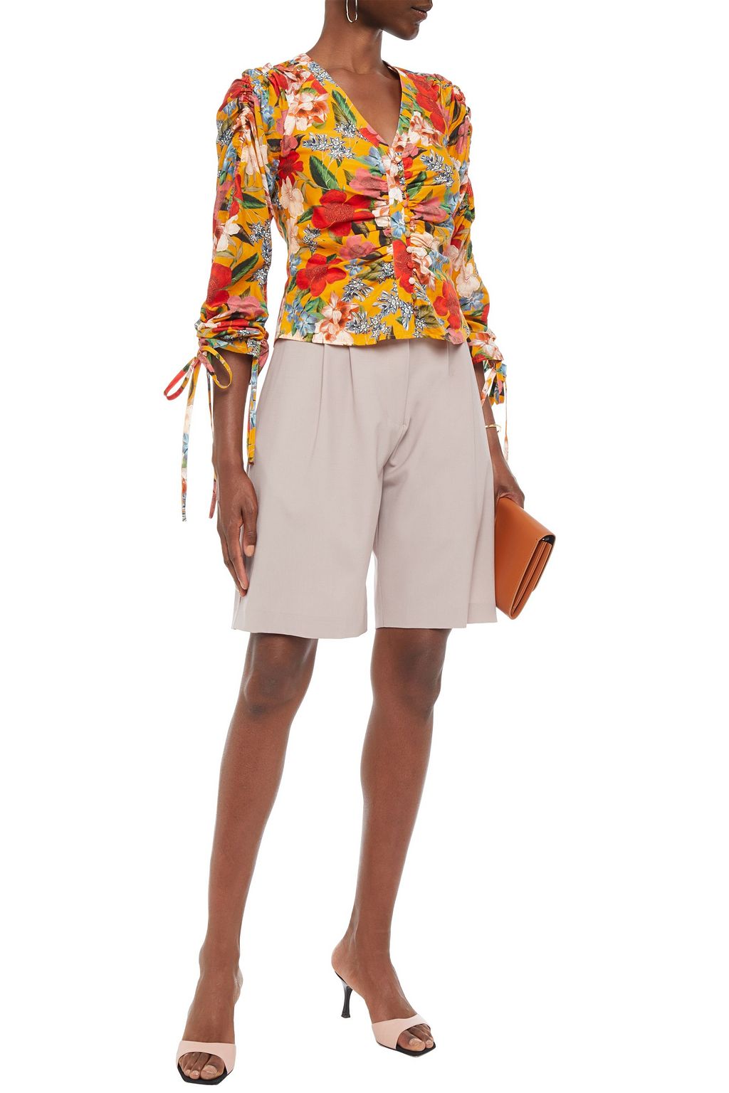 NICHOLAS Ruched floral-print cotton and silk-blend top