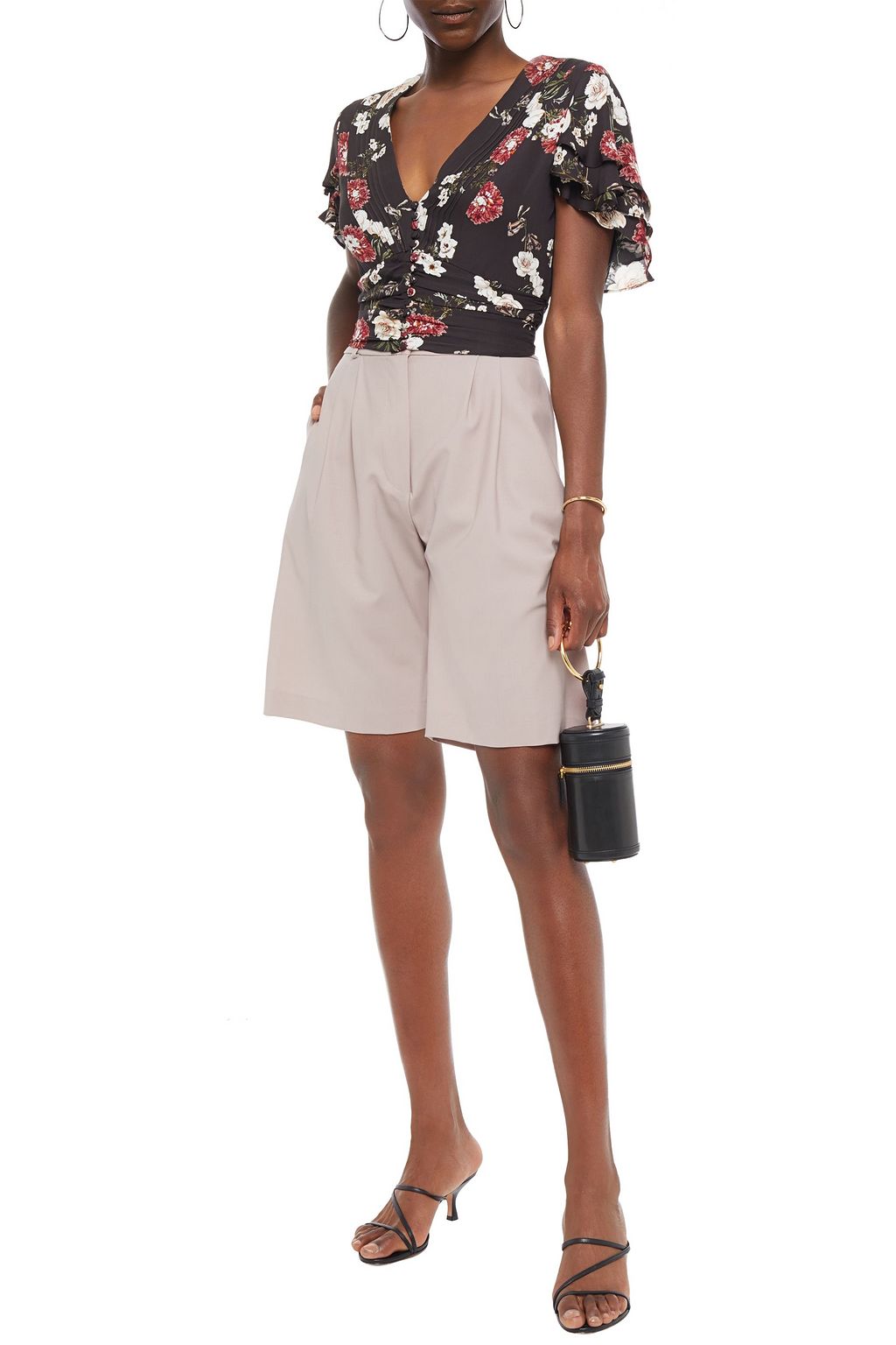 NICHOLAS Cropped ruffled floral-print silk-crepe top