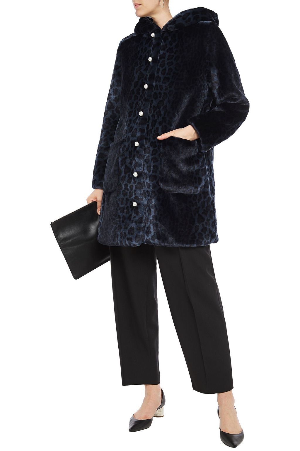 SHRIMPS Button-embellished leopard-print faux fur hooded coat
