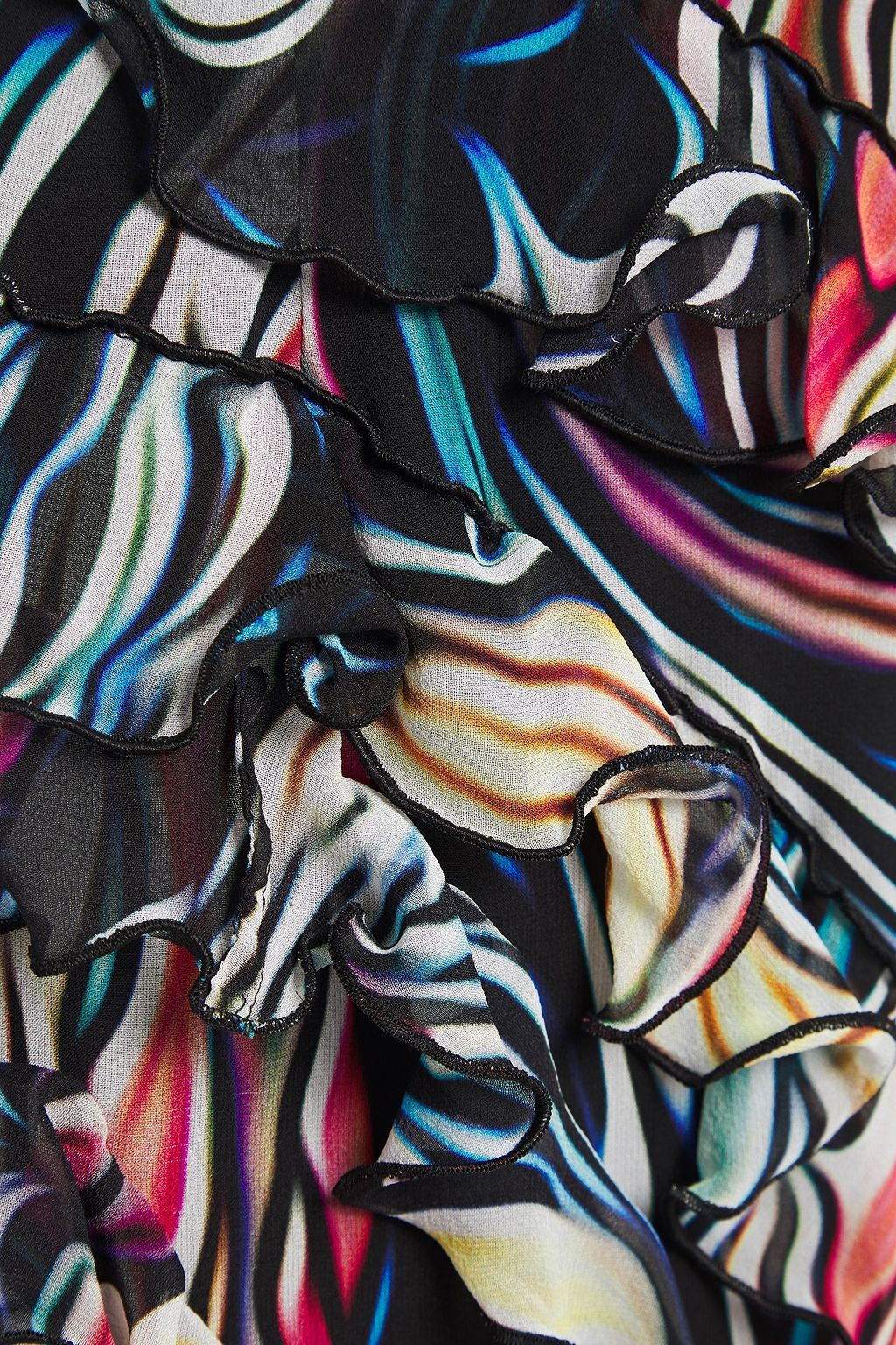MARY KATRANTZOU 러플 디테일 프린트 실크 크레이프 미디 스커트