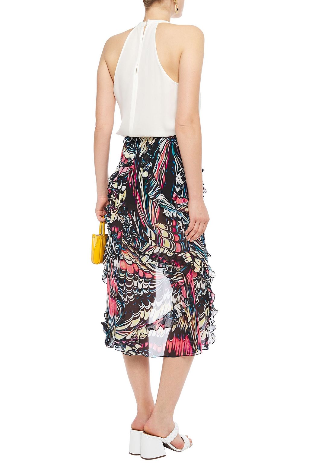 MARY KATRANTZOU 러플 디테일 프린트 실크 크레이프 미디 스커트
