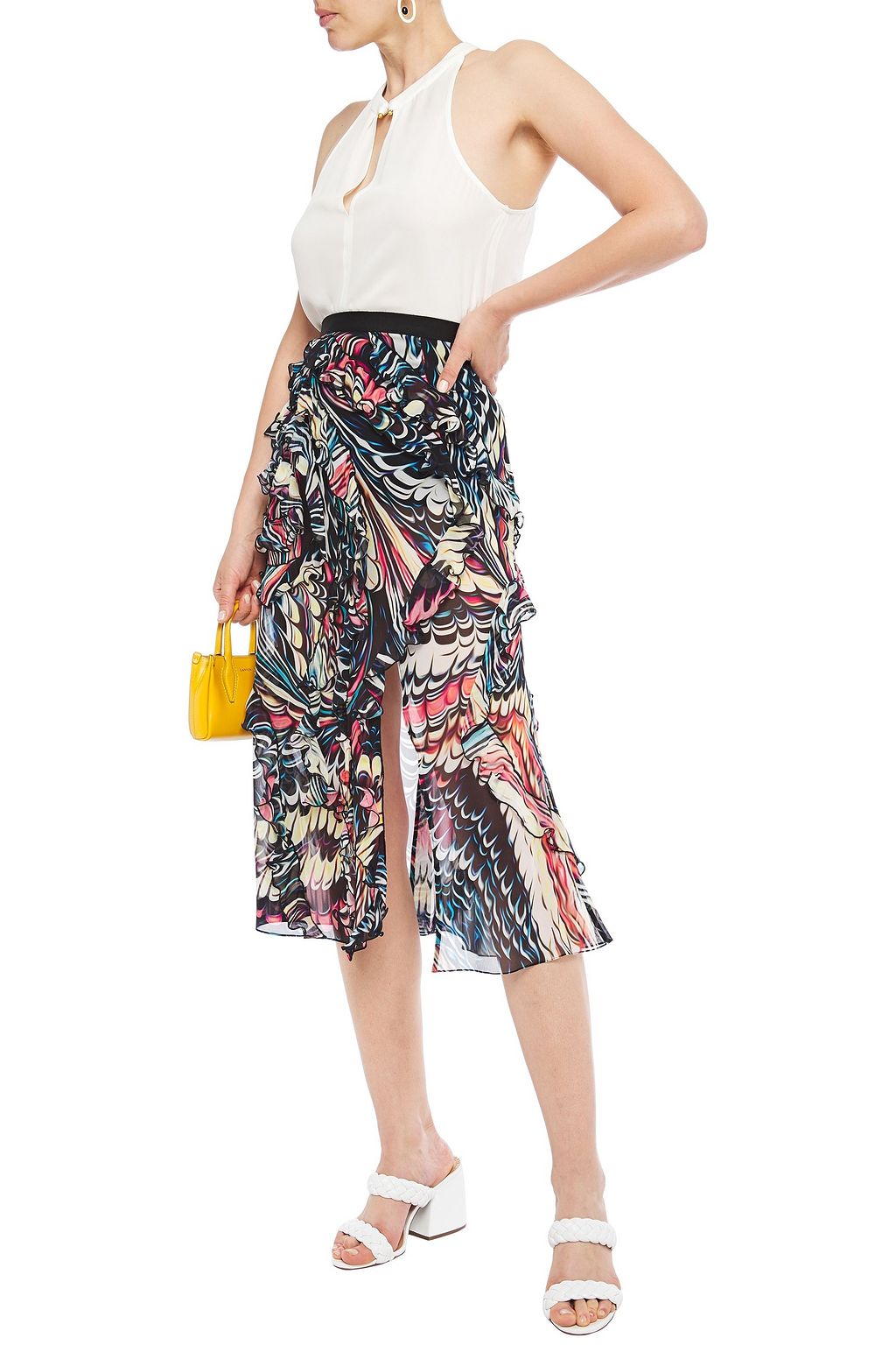 MARY KATRANTZOU 러플 디테일 프린트 실크 크레이프 미디 스커트