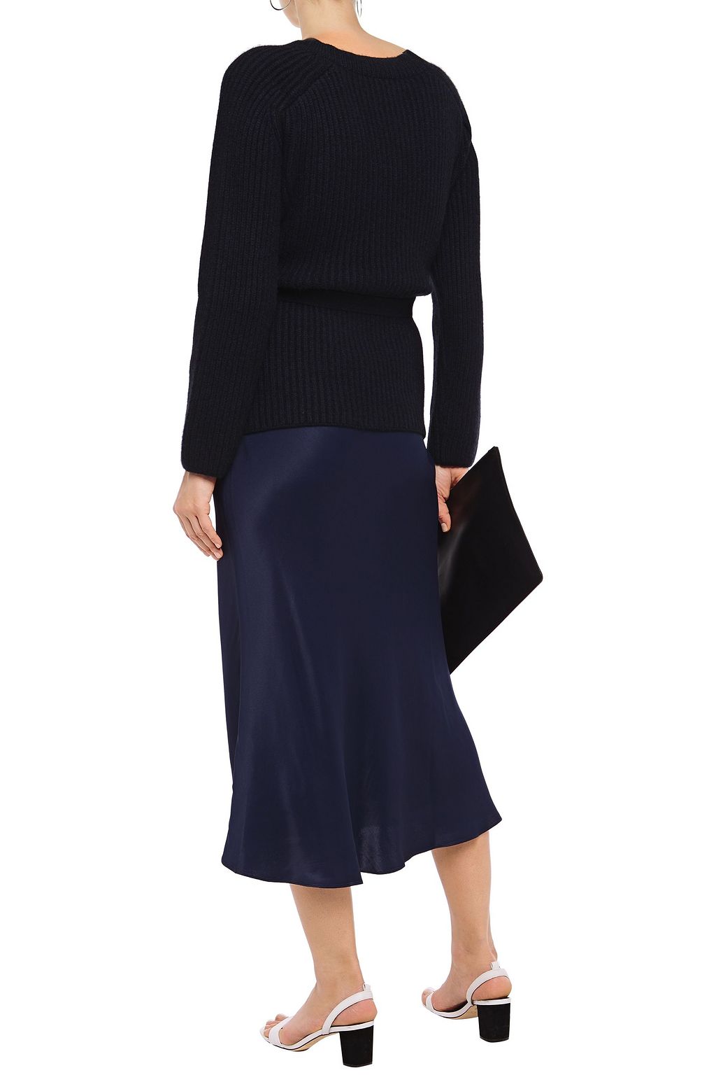 DEVEAUX Belted ribbed cashmere cardigan