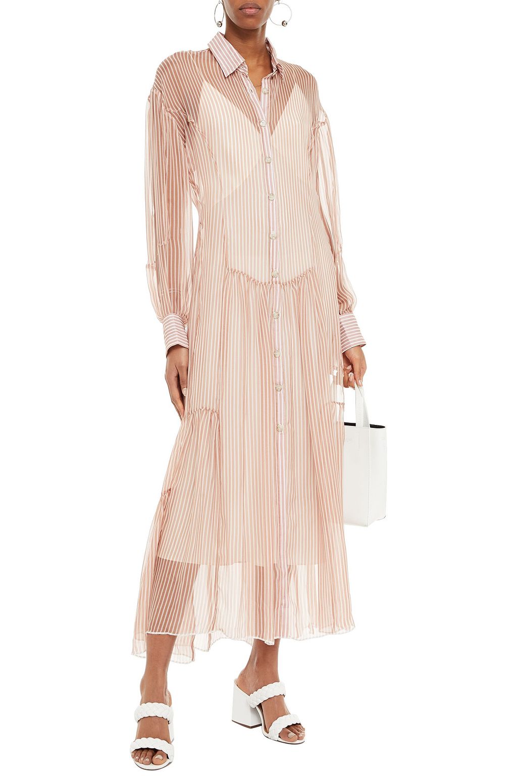 EACH X OTHER Gathered striped silk-chiffon maxi shirt dress