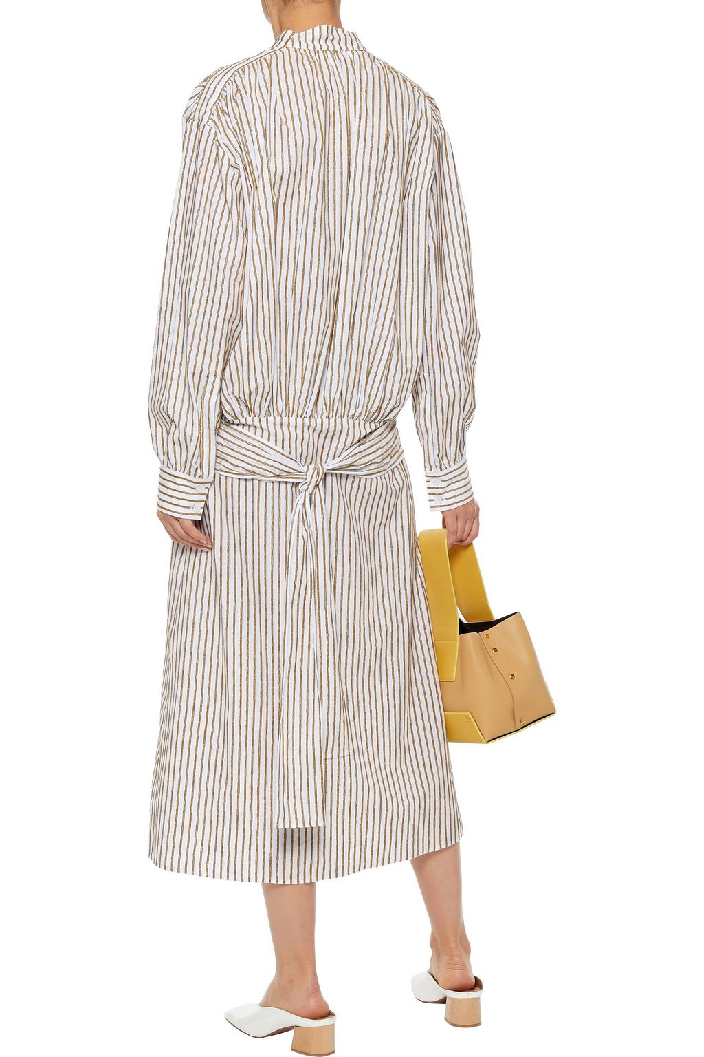 BY ANY OTHER NAME Gathered pinstriped velvet and cotton midi dress