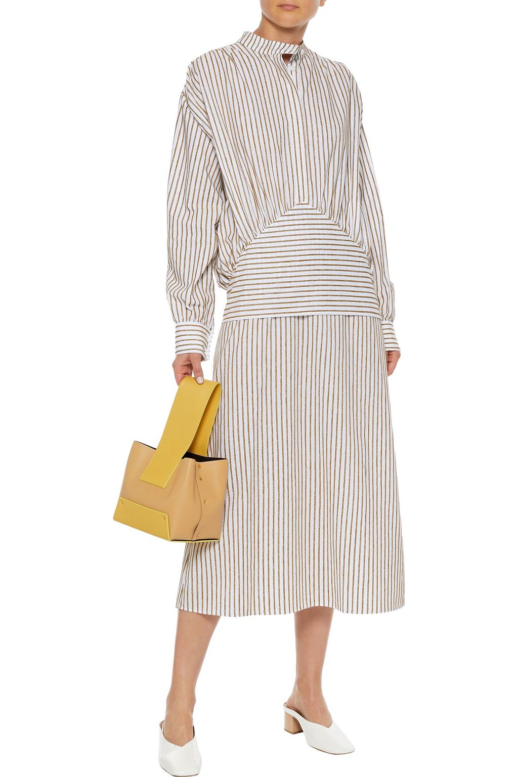 BY ANY OTHER NAME Gathered pinstriped velvet and cotton midi dress