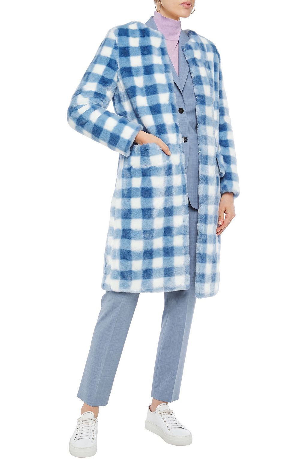 SHRIMPS Aidan gingham faux fur coat