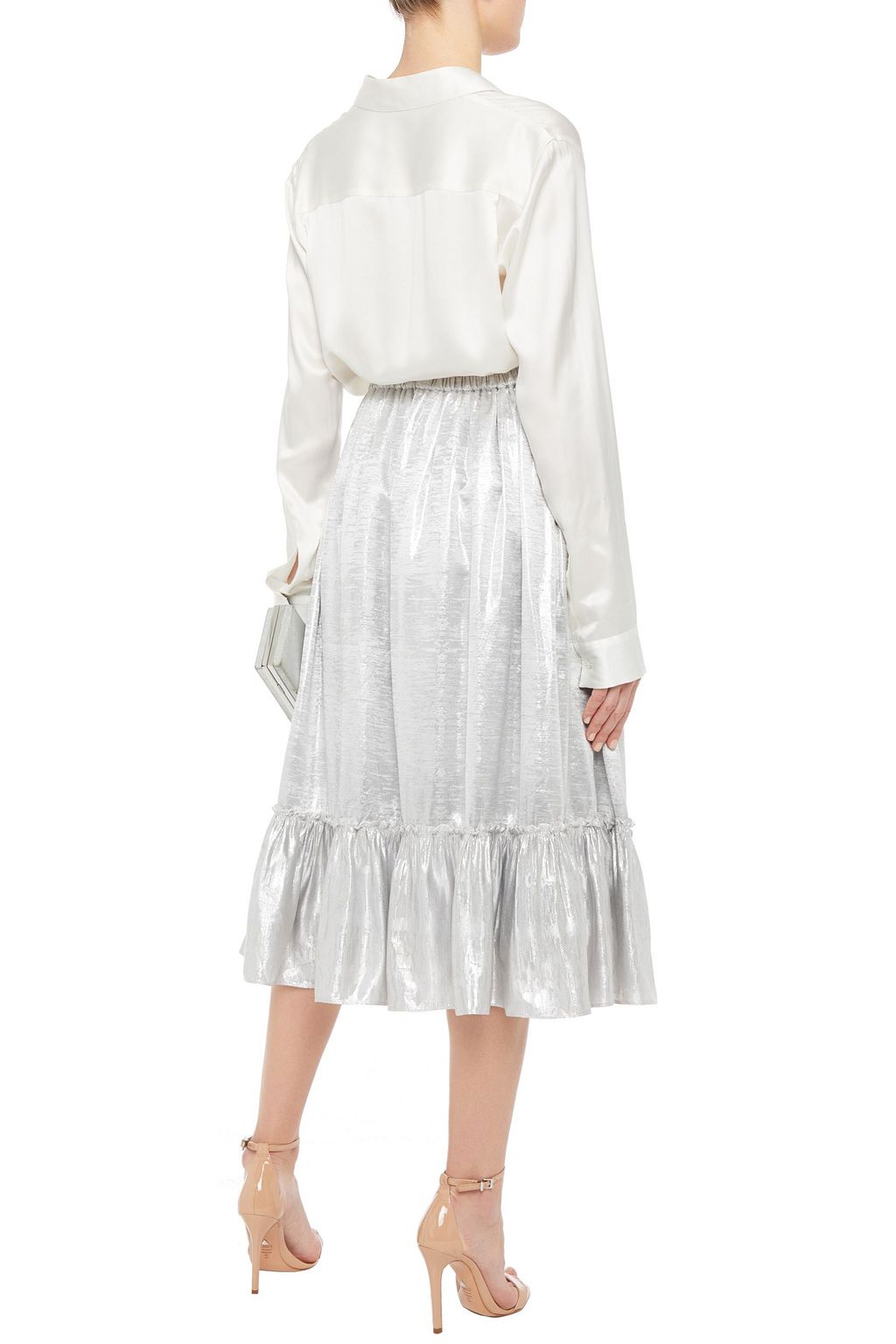 SHRIMPS Pearl bow-embellished metallic jacquard midi skirt