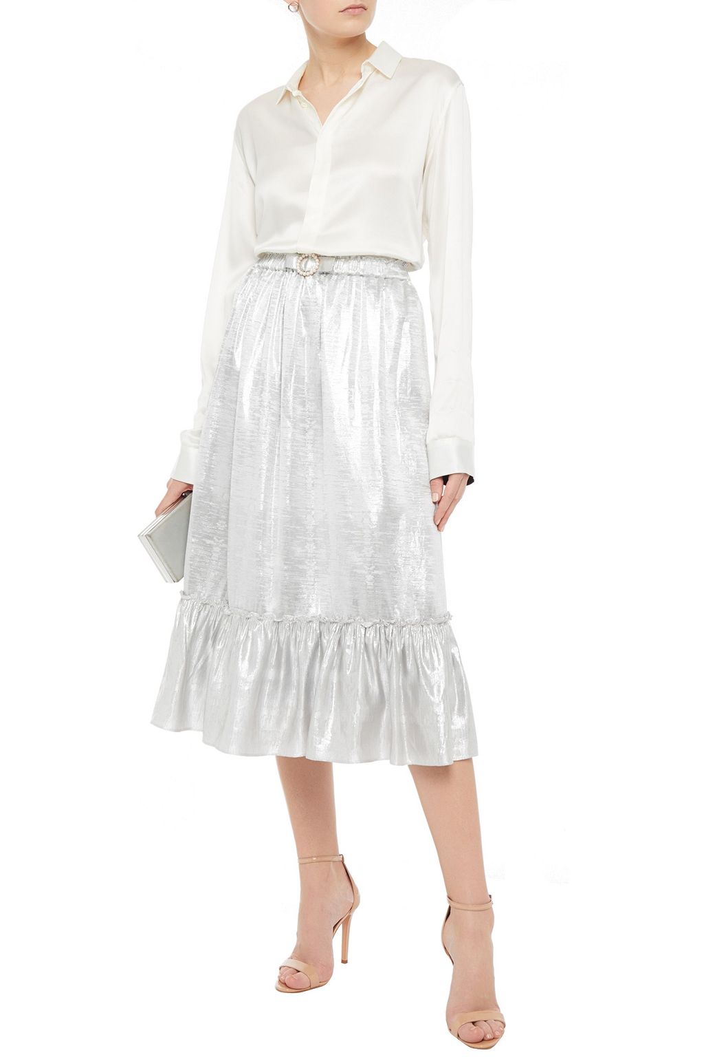 SHRIMPS Pearl bow-embellished metallic jacquard midi skirt