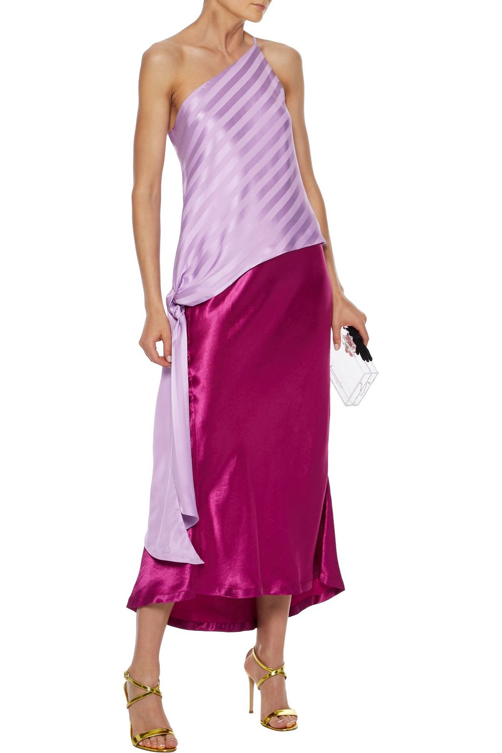 MICHELLE MASON One-shoulder striped silk-satin jacquard top