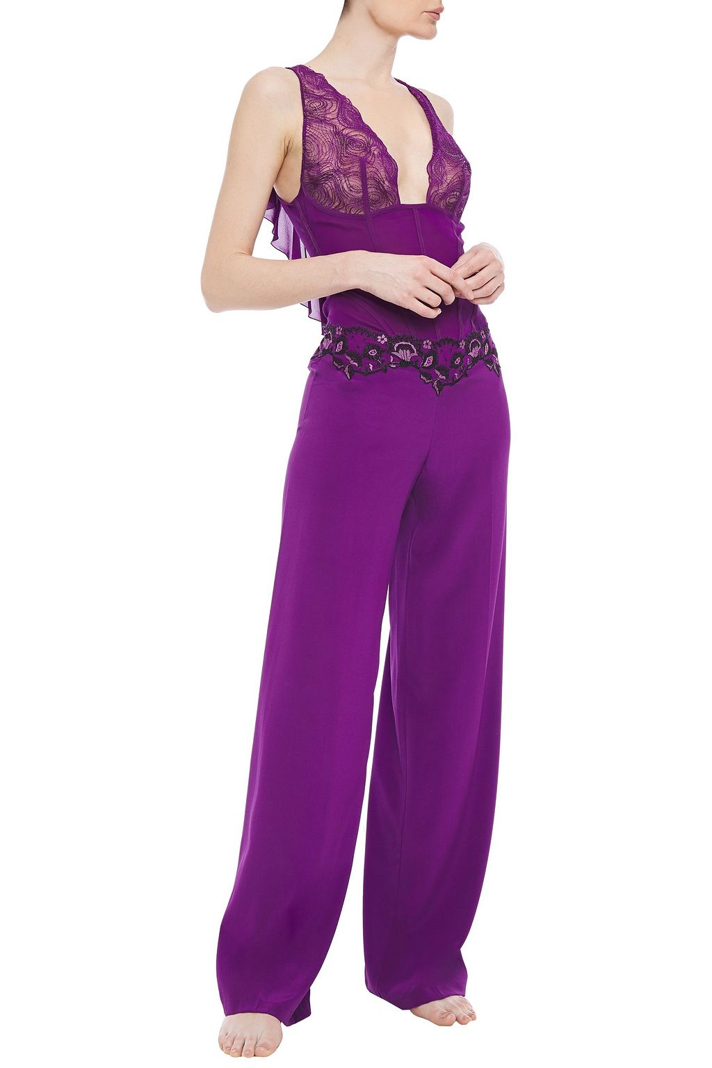 LA PERLA Lace-paneled stretch-silk crepe pajama top