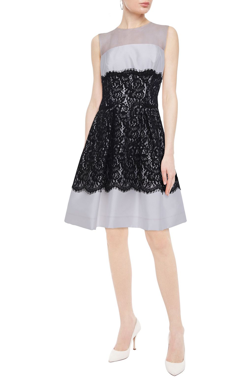 CAROLINA HERRERA Organza-paneled satin-twill and Leaver lace mini dress