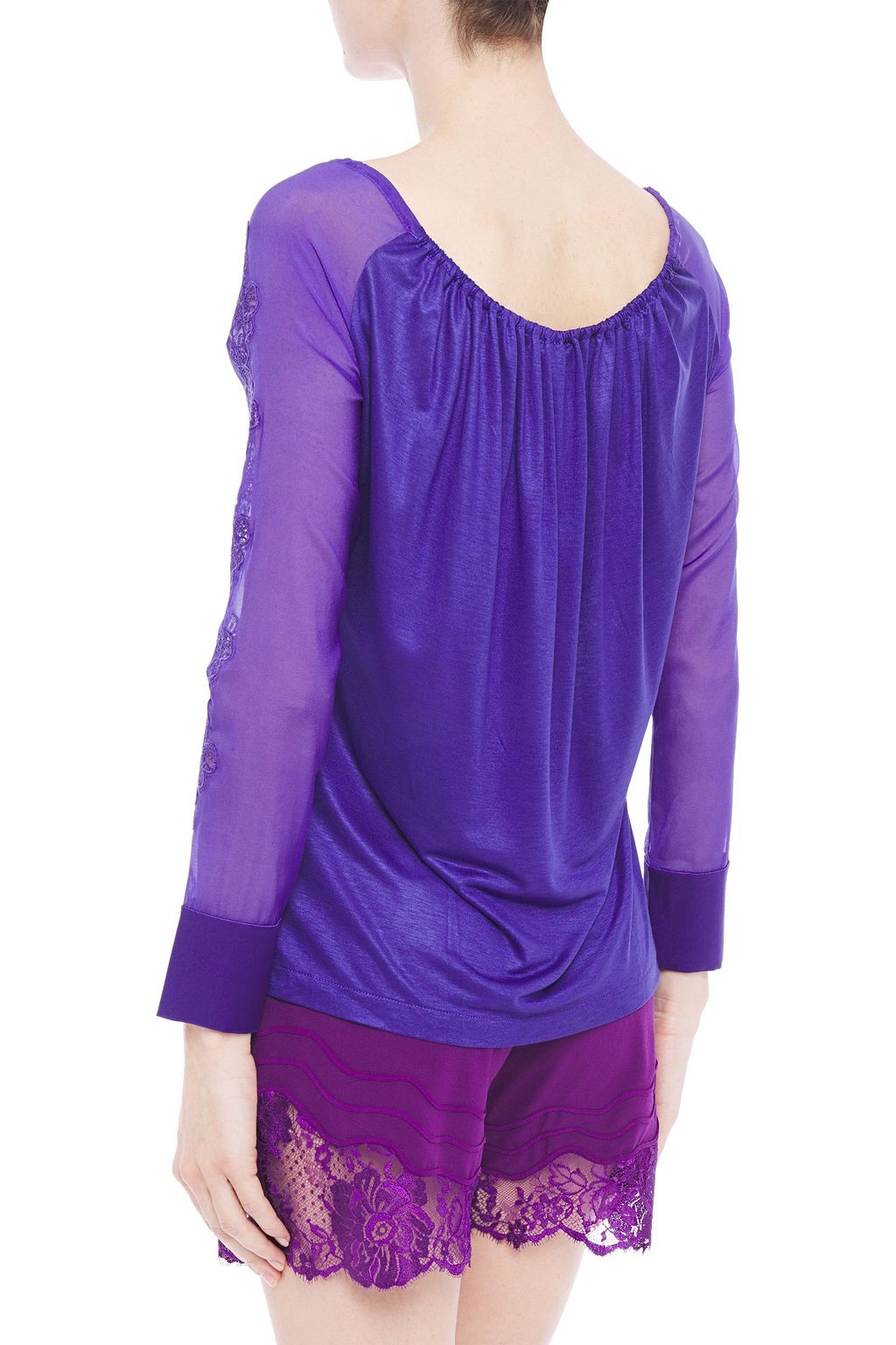 LA PERLA Embroidered voile-paneled draped satin-jersey pajama top