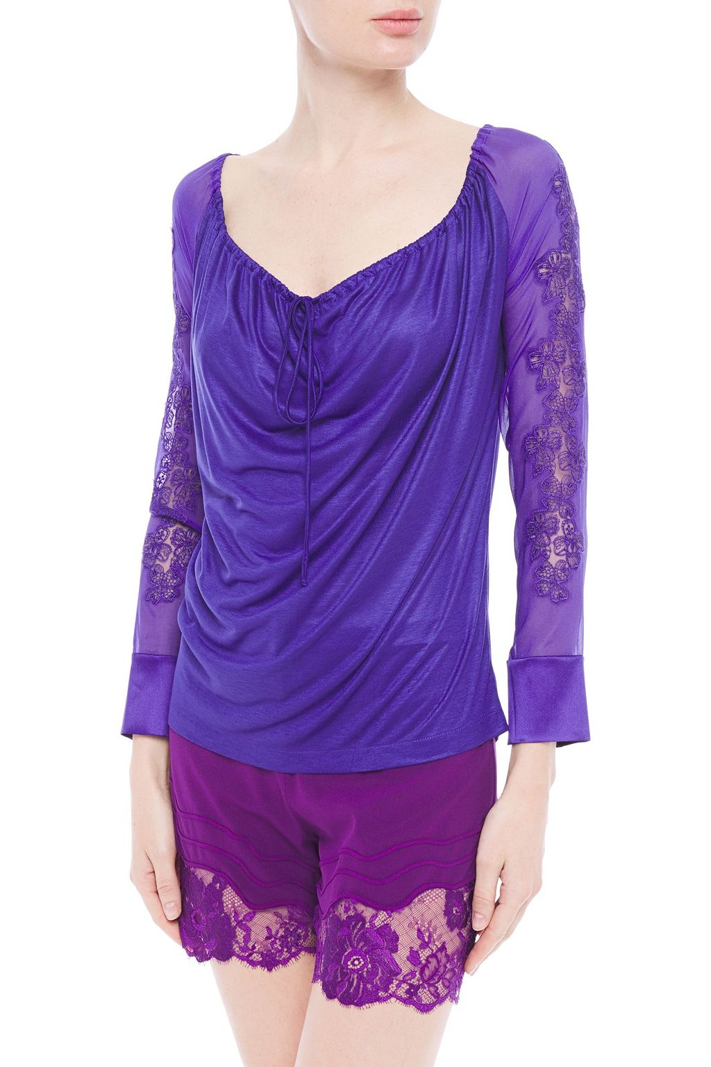 LA PERLA Embroidered voile-paneled draped satin-jersey pajama top