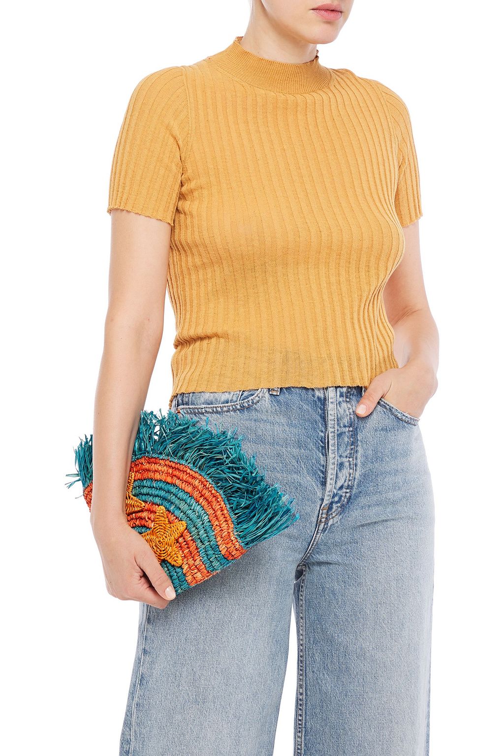 ARANÁZ Stella wicker-appliquéd fringed raffia pouch