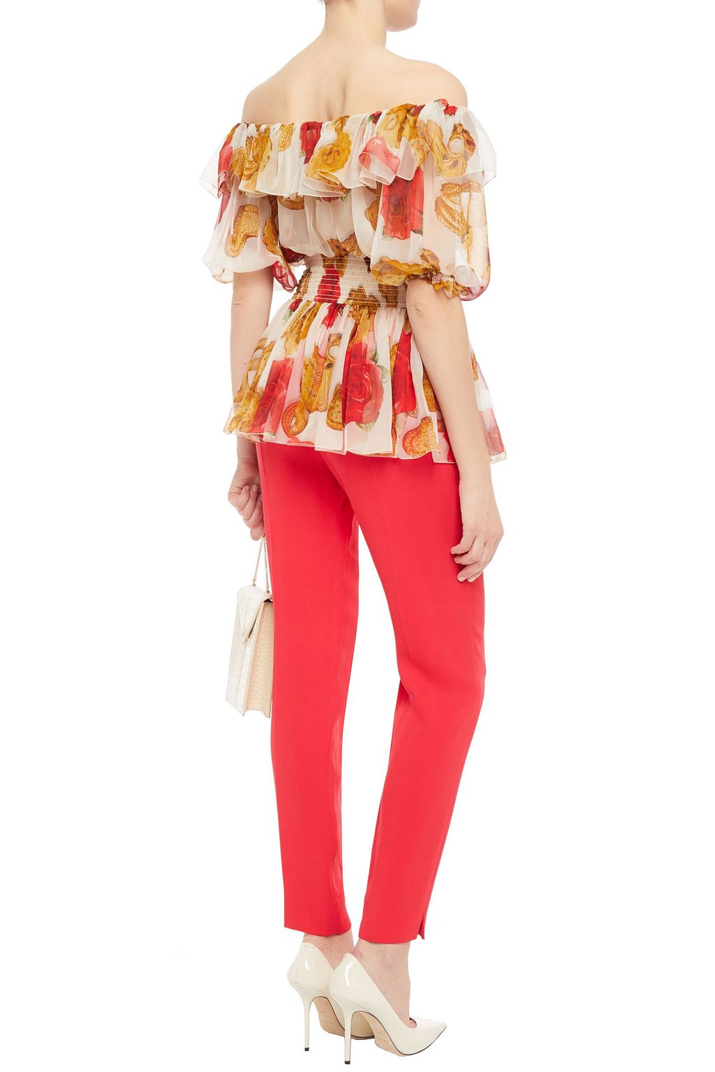 DOLCE&GABBANA Off-the-shoulder shirred floral-print silk-chiffon peplum blouse
