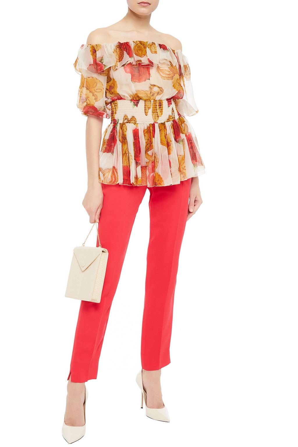 DOLCE&GABBANA Off-the-shoulder shirred floral-print silk-chiffon peplum blouse