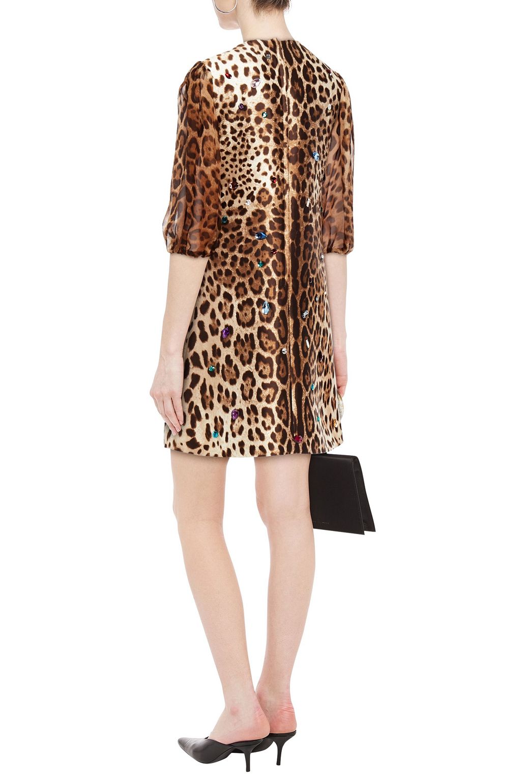 DOLCE&GABBANA Leopard-print chiffon-paneled embellished silk and wool-blend mini dress