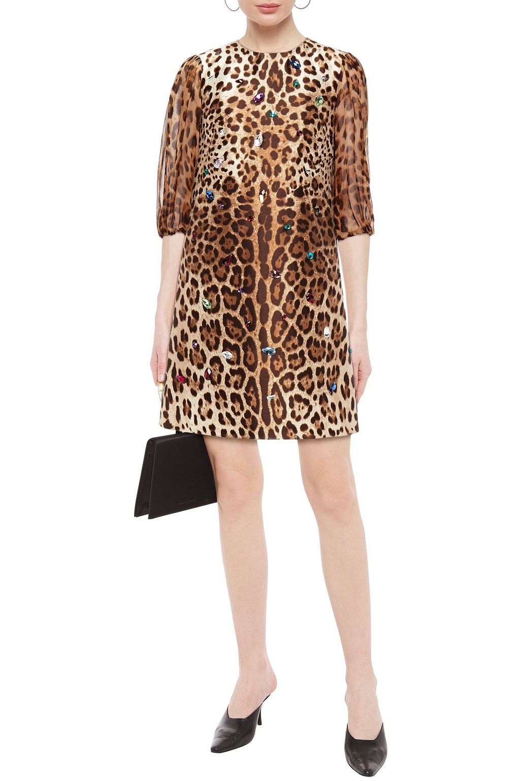 DOLCE&GABBANA Leopard-print chiffon-paneled embellished silk and wool-blend mini dress