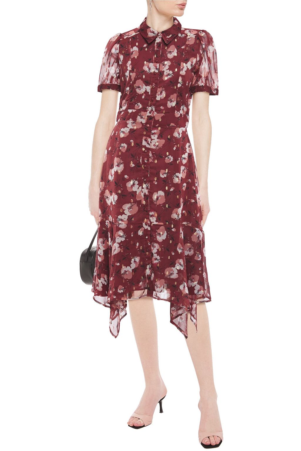 WALTER BAKER Asymmetric metallic fil coupé midi shirt dress