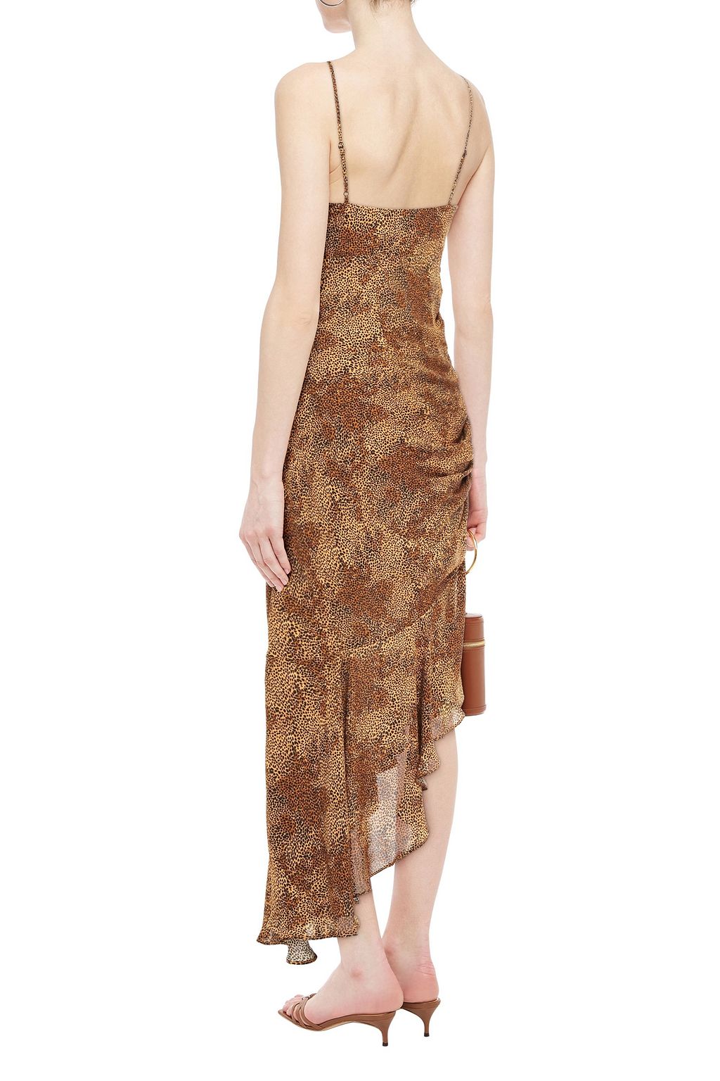 NICHOLAS Asymmetric ruched printed silk-chiffon midi slip dress