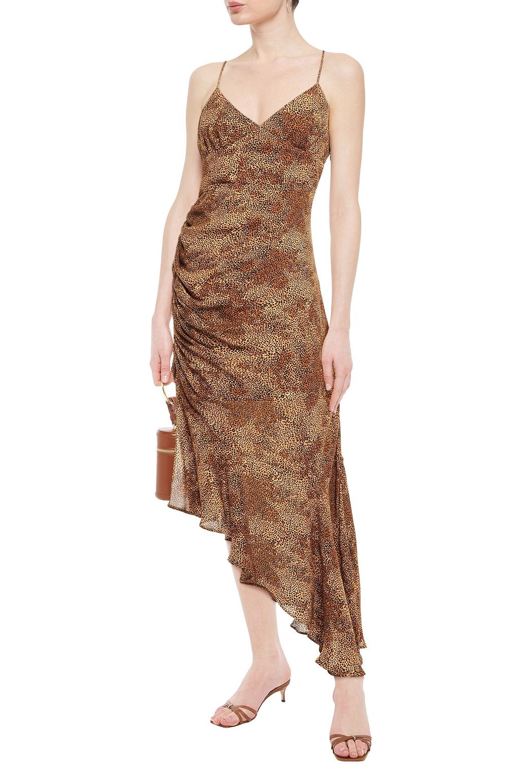 NICHOLAS Asymmetric ruched printed silk-chiffon midi slip dress