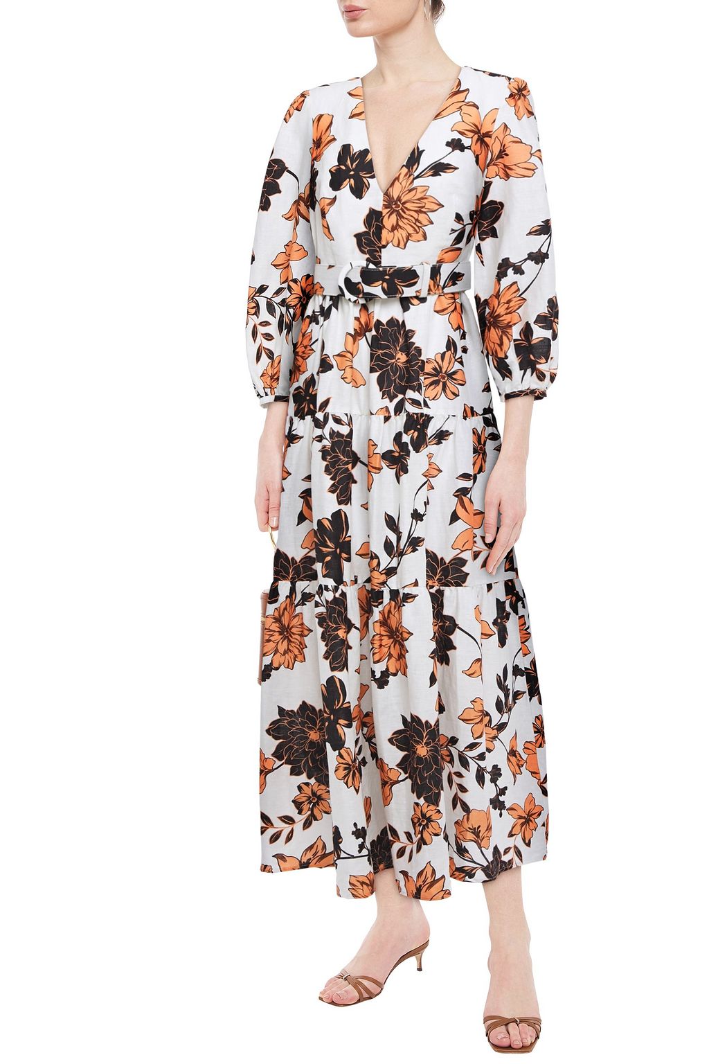 NICHOLAS Belted gathered floral-print linen maxi dress