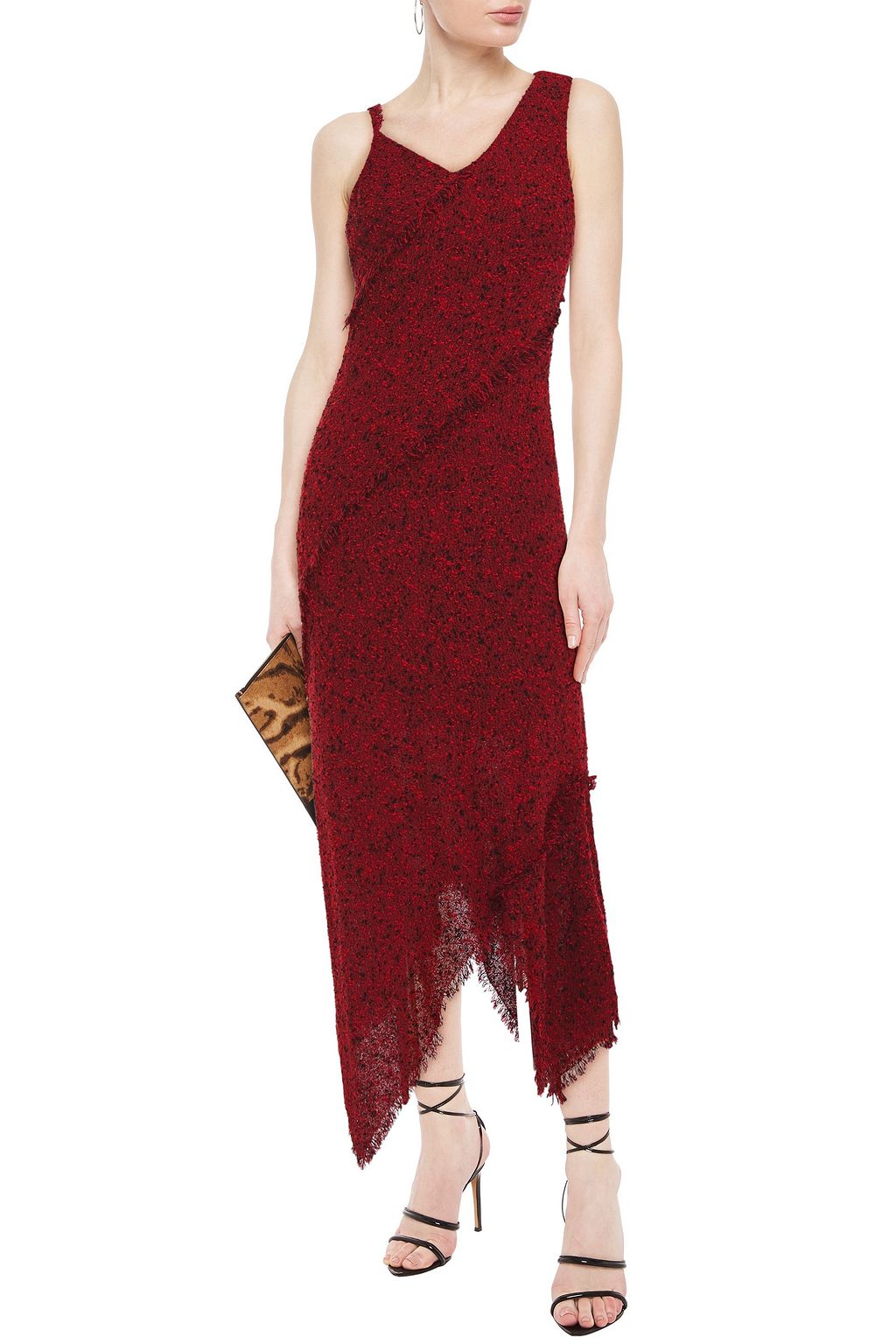 ROLAND MOURET Frayed mélange wool-blend bouclé midi dress