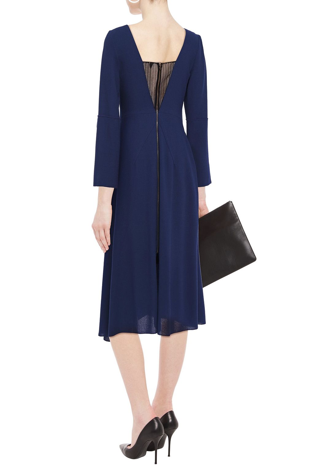 ROLAND MOURET Wrap-effect lace-trimmed wool-crepe midi dress