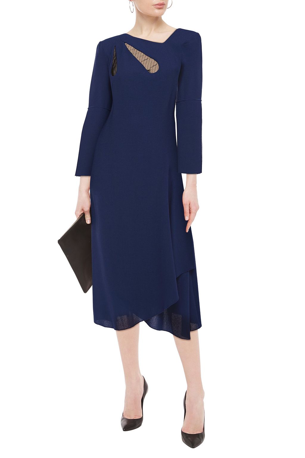 ROLAND MOURET Wrap-effect lace-trimmed wool-crepe midi dress