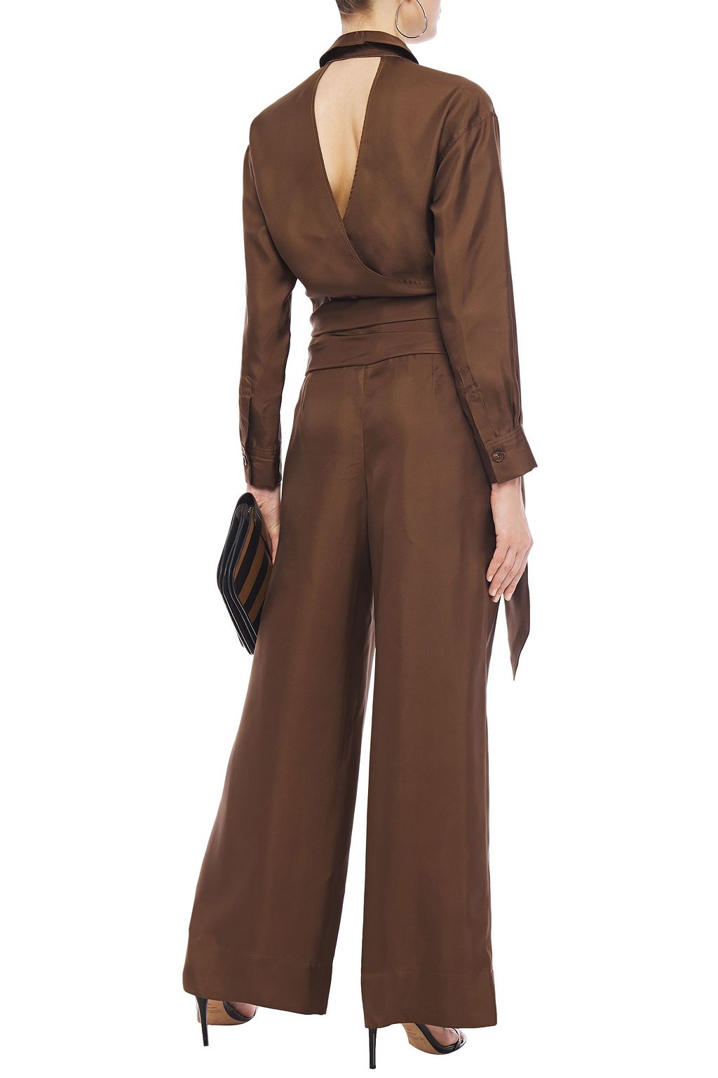 BRUNELLO CUCINELLI Belted cutout silk-twill wide-leg jumpsuit