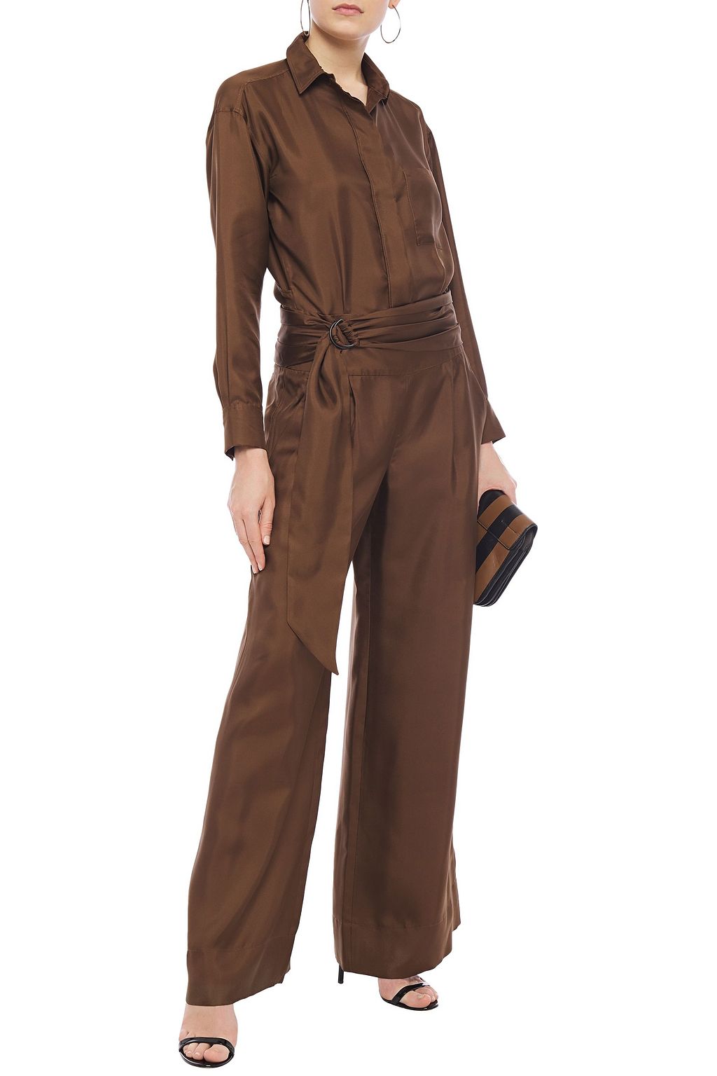BRUNELLO CUCINELLI Belted cutout silk-twill wide-leg jumpsuit