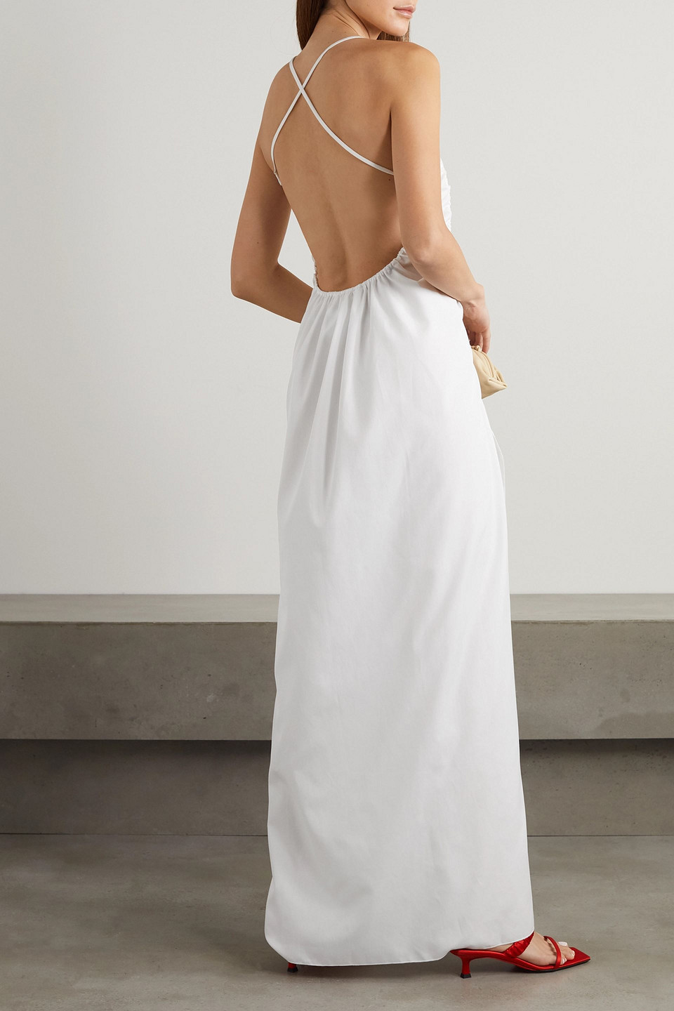 Ioannes Camilla Open-back Ruched Cotton-poplin Maxi Dress In White