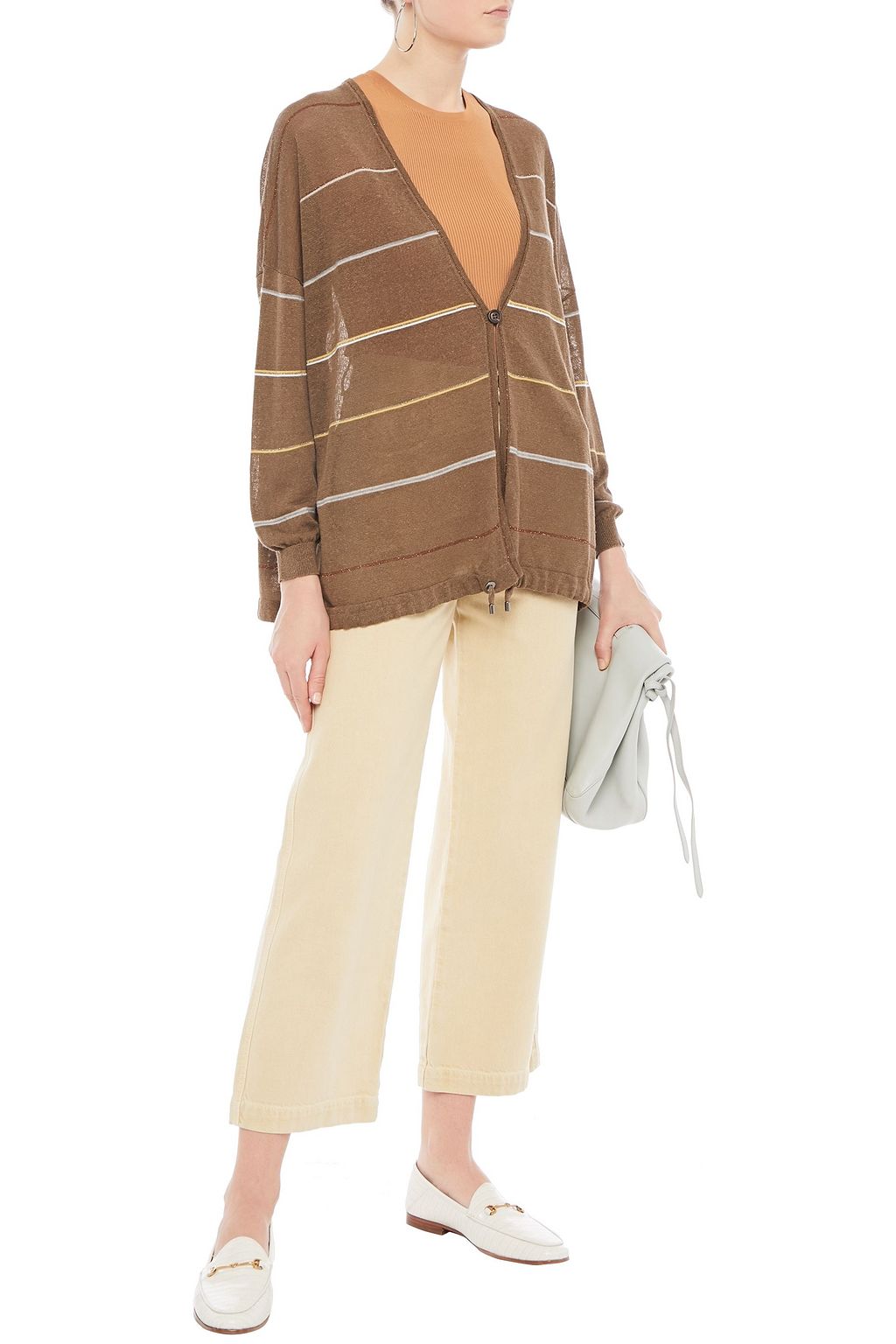 BRUNELLO CUCINELLI Metallic-trimmed striped linen-blend cardigan