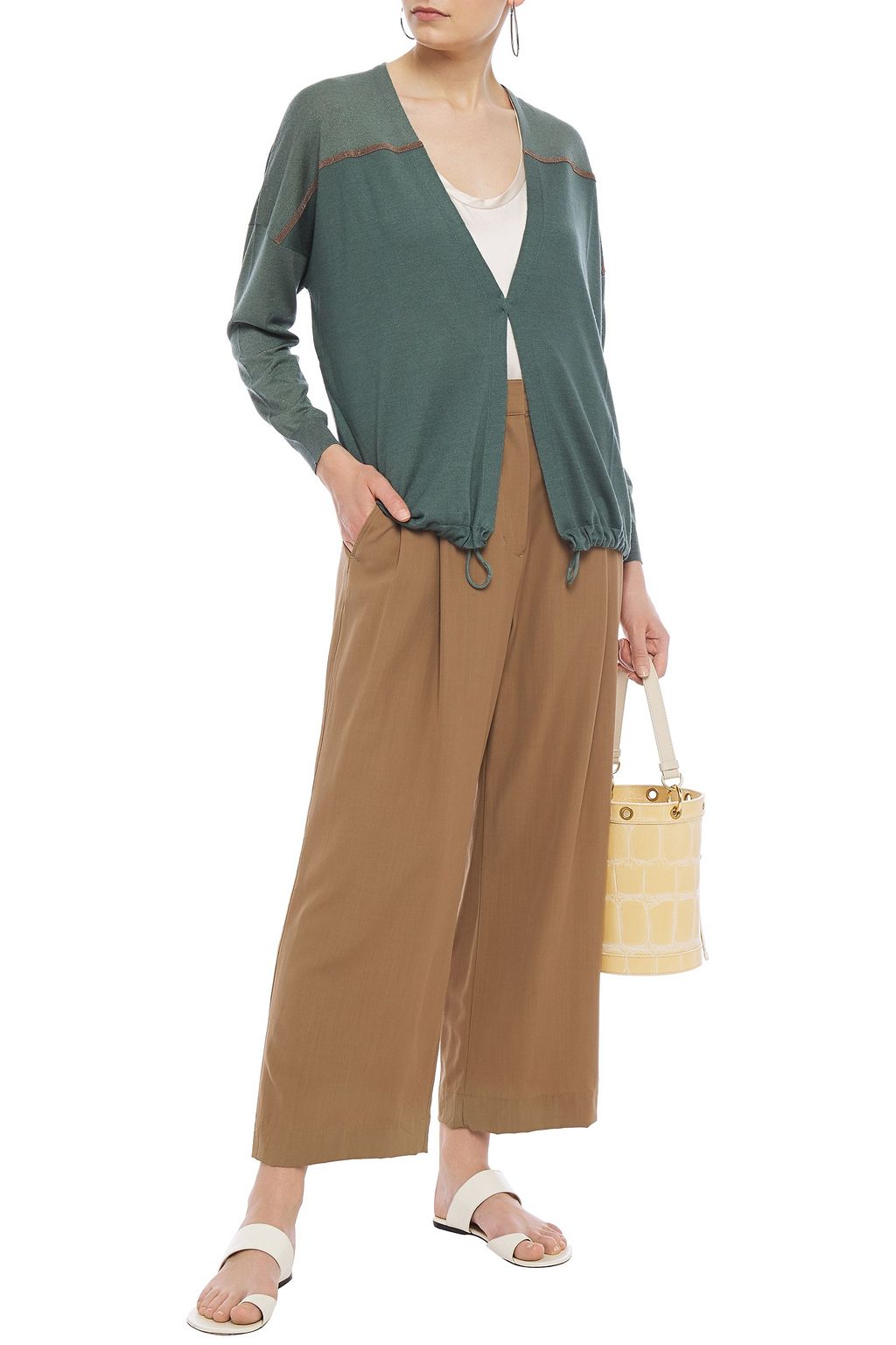 BRUNELLO CUCINELLI Bead-embellished metallic-paneled cashmere and silk-blend cardigan