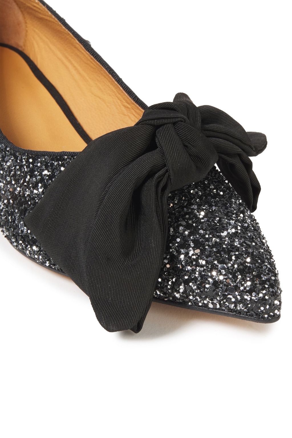 GANNI Bow-detailed glittered leather point-toe flats