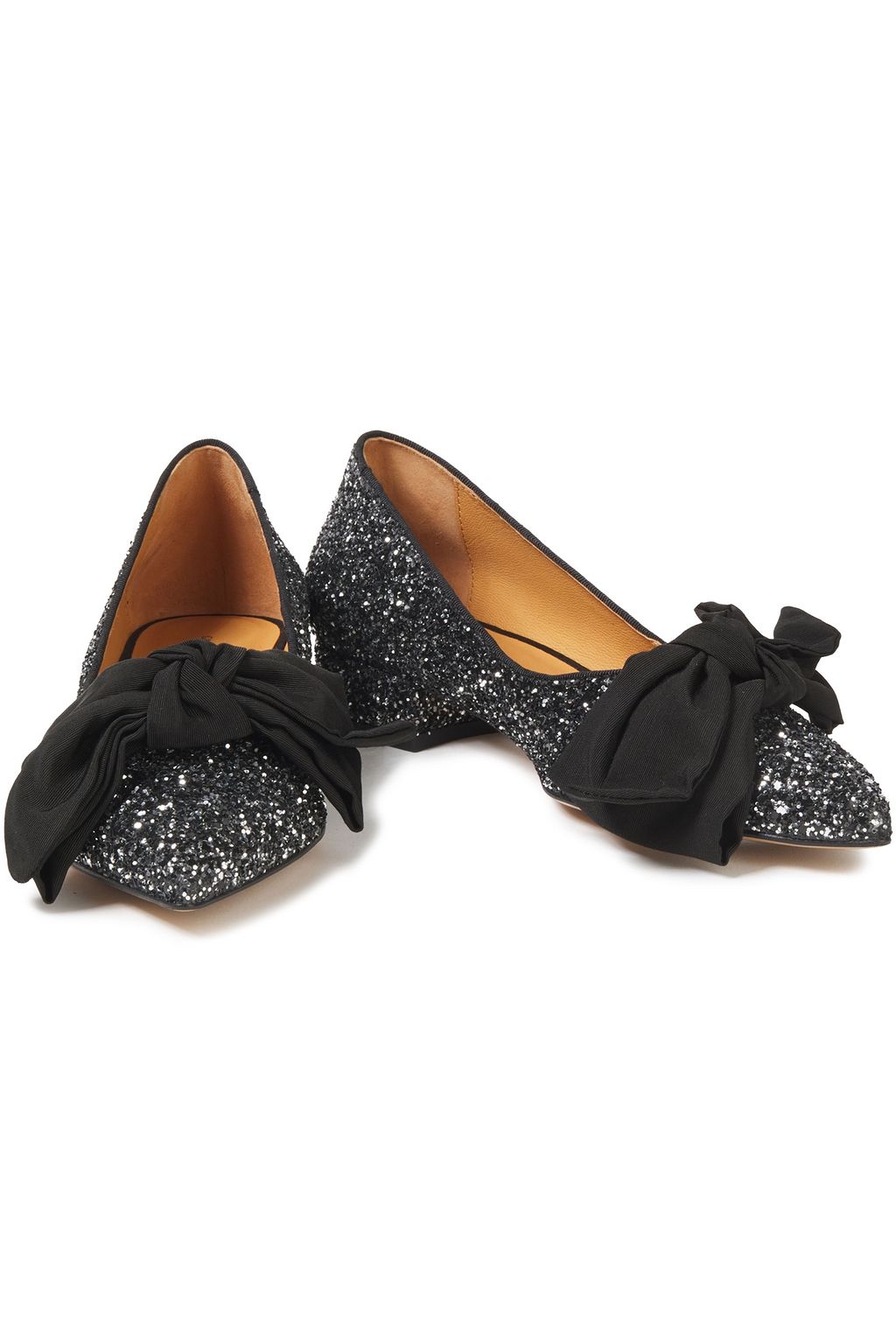 GANNI Bow-detailed glittered leather point-toe flats