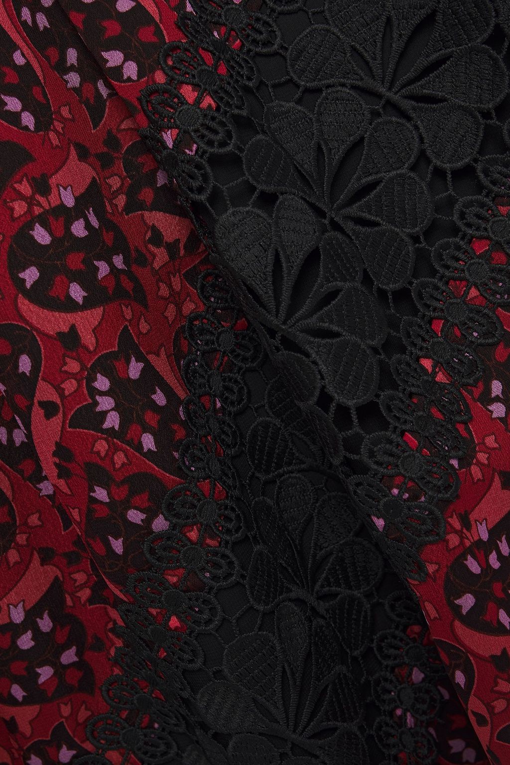 ANNA SUI Paneled guipure lace and floral-print crepe de chine dress