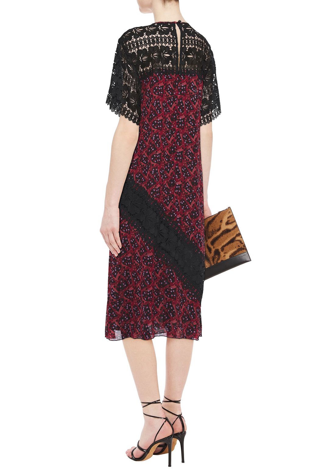 ANNA SUI Paneled guipure lace and floral-print crepe de chine dress
